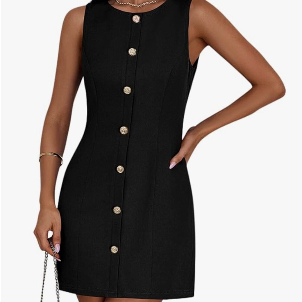 NWT PrettyGarden Women's Black Sleeveless Gold Button Down Business Mini Dress